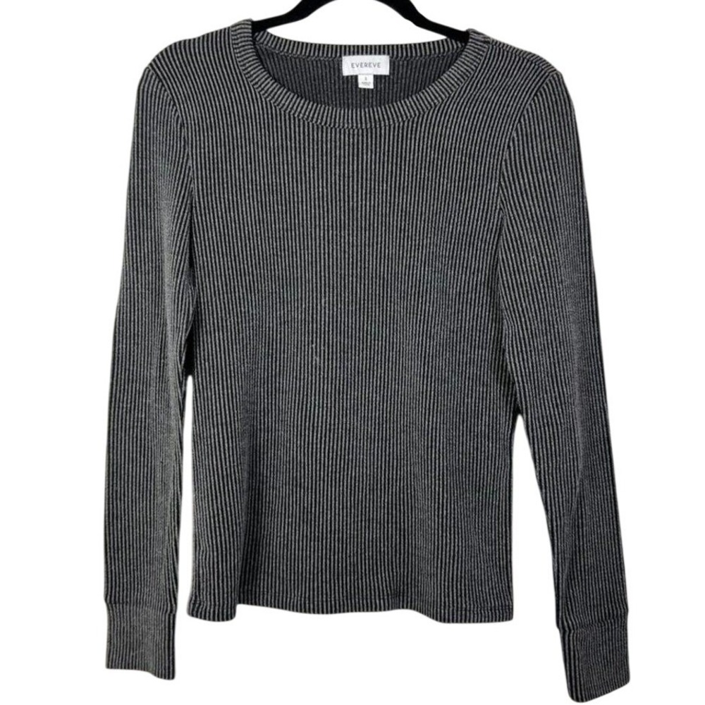 Evereve Ribbed Long Sleeve Knit Top Gray Black Fitted Lightweight Small